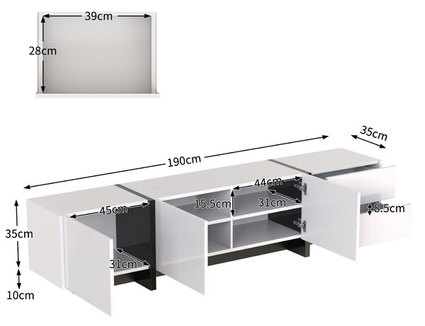 High-Gloss Modern TV Cabinet with Doors and Drawers, Entertainment Center with Storage, Black and White Design, 190x35x45 cm, White Aosom.UK