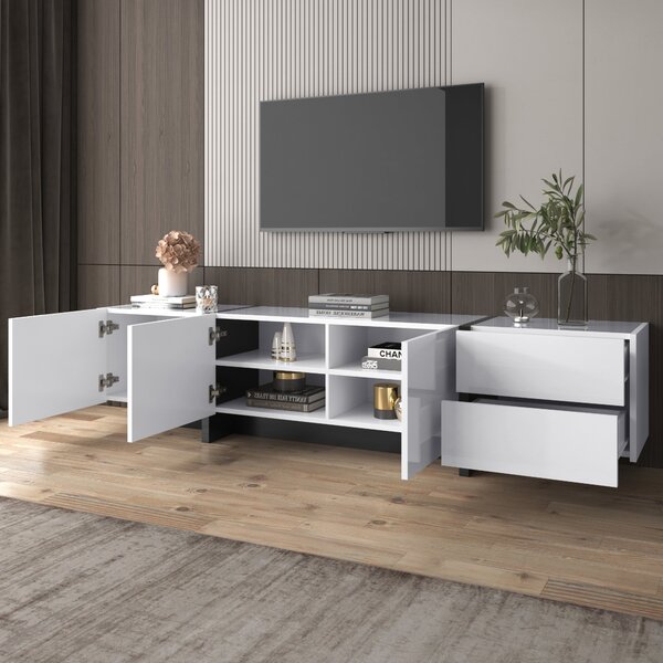 High-Gloss Modern TV Cabinet with Doors and Drawers, Entertainment Center with Storage, Black and White Design, 190x35x45 cm, White Aosom.UK
