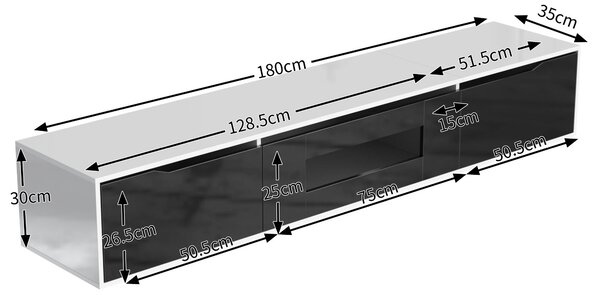 Black TV Unit with High Gloss and Color Changing LED Lights, TV Sideboard with 3 Storage Space, for Bedroom, 180L x 35W x 30H cm, Black Aosom.UK