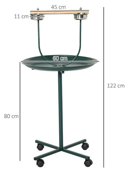 PawHut Bird Perch Stand with Perch, Four Wheels, Feeding Bowls for Small & Medium Birds, Green