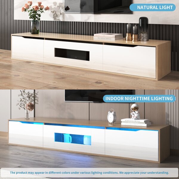 White TV Cabinet with High Gloss and Color Changing LED Lights, Media Unit with Storage for Living Room, Bedroom, 180x35x30 cm, White Aosom.UK