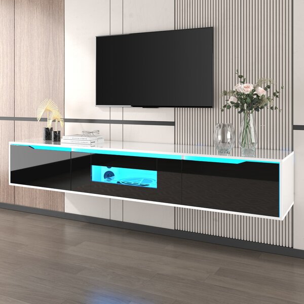 Black TV Unit with High Gloss and Color Changing LED Lights, TV Sideboard with 3 Storage Space, for Bedroom, 180L x 35W x 30H cm, Black Aosom.UK