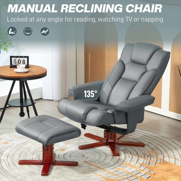 HOMCOM Leather Recliner Chair wirh Footstool, High Back, Armrests, Bent Wood Base, Rocking Function, Grey Aosom UK