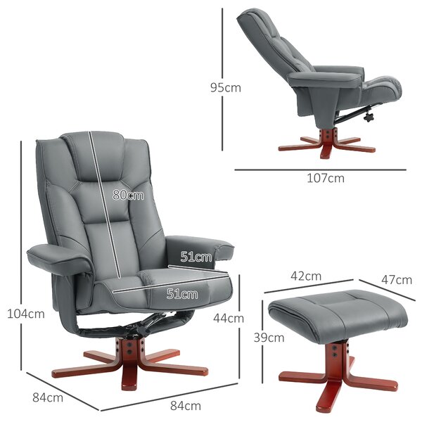 HOMCOM Leather Recliner Chair wirh Footstool, High Back, Armrests, Bent Wood Base, Rocking Function, Grey Aosom UK