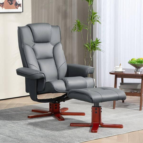 HOMCOM Leather Recliner Chair wirh Footstool, High Back, Armrests, Bent Wood Base, Rocking Function, Grey Aosom UK