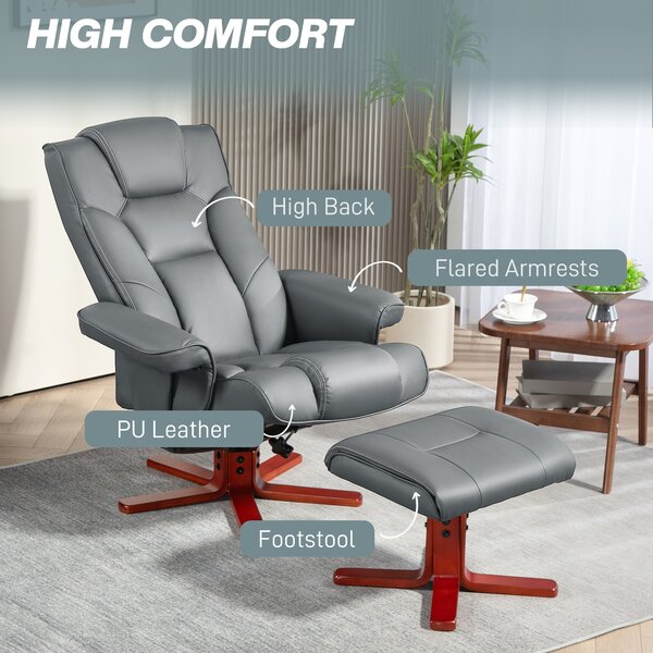 HOMCOM Leather Recliner Chair wirh Footstool, High Back, Armrests, Bent Wood Base, Rocking Function, Grey Aosom UK