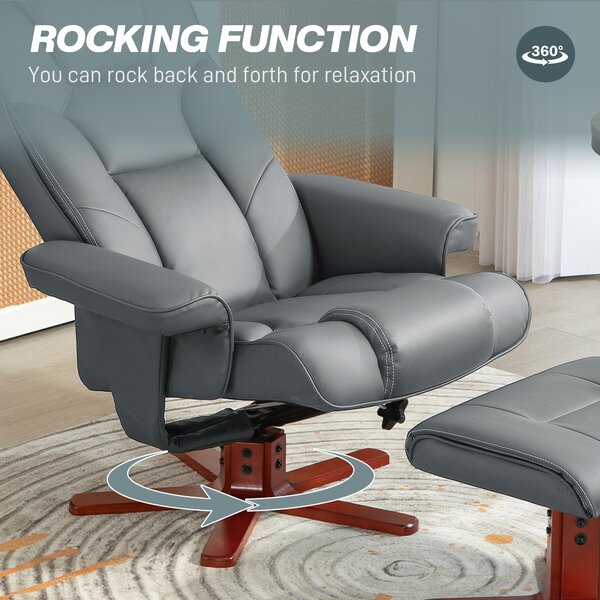 HOMCOM Leather Recliner Chair wirh Footstool, High Back, Armrests, Bent Wood Base, Rocking Function, Grey Aosom UK