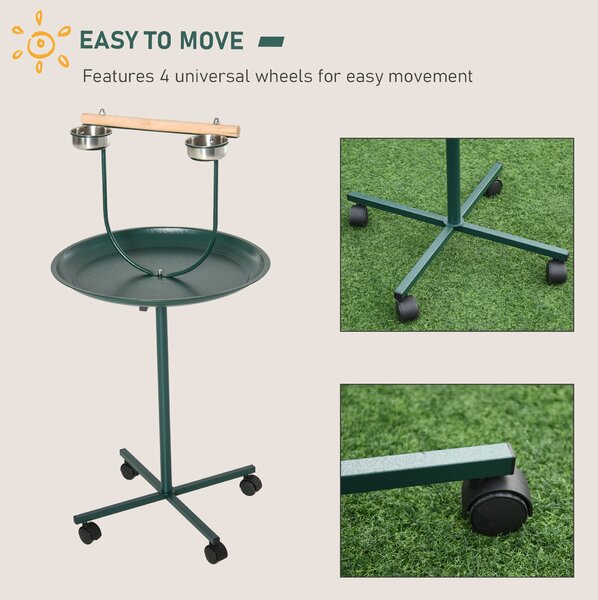 PawHut Bird Perch Stand with Perch, Four Wheels, Feeding Bowls for Small & Medium Birds, Green