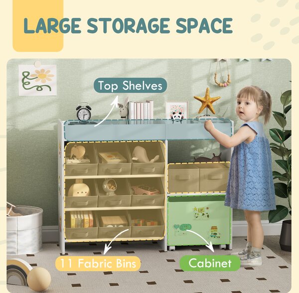 AIYAPLAY Kids Toy Storage Unit with 11 Bins, Cabinet, Top Shelves, 3 Stickers, for Nursery, Playroom, Kindergarten, White