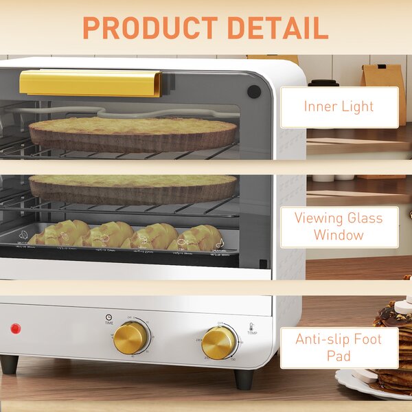 HOMCOM Small Toaster Oven, 12L Multifunction Mini Countertop Oven with Glass Door, Adjustable Temperature and Timer, Accessory Included, 750W, White