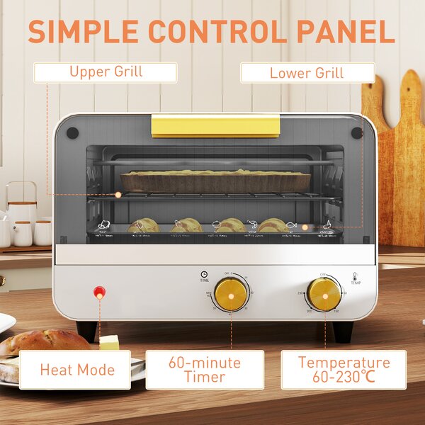 HOMCOM Small Toaster Oven, 12L Multifunction Mini Countertop Oven with Glass Door, Adjustable Temperature and Timer, Accessory Included, 750W, White