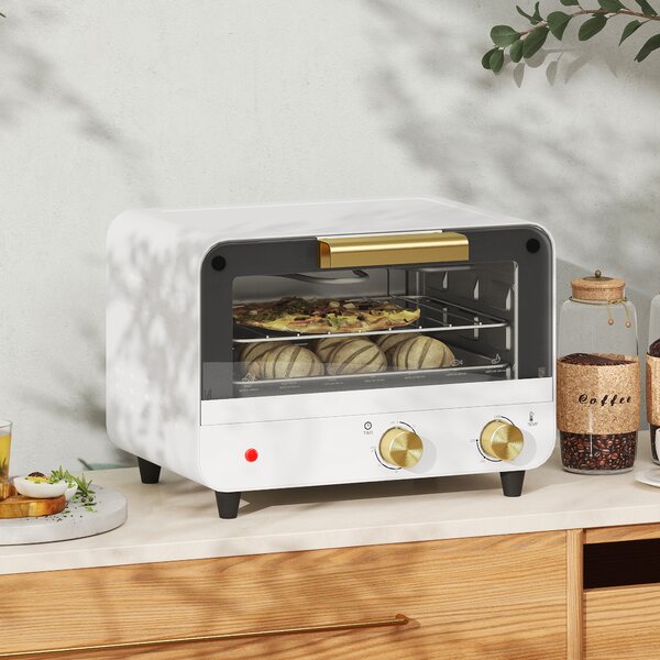 HOMCOM Small Toaster Oven, 12L Multifunction Mini Countertop Oven with Glass Door, Adjustable Temperature and Timer, Accessory Included, 750W, White