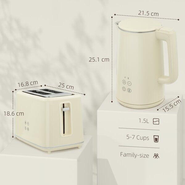 HOMCOM Digital Kettle and Toaster Set, 1.5L 3000W Fast Boil Kettle, 2 Slice Toaster Kitchen Set with 7 Level Browning Controls, Defrost, Reheat, Keep Warm, Crumb Tray and LED Touch Display, Beige