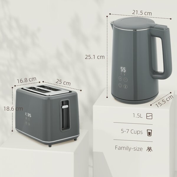 HOMCOM Digital Kettle and Toaster Set, 1.5L 3000W Fast Boil Kettle, 2 Slice Toaster Kitchen Set with 7 Level Browning Controls, Defrost, Reheat, Keep Warm, Crumb Tray and LED Touch Display, Grey