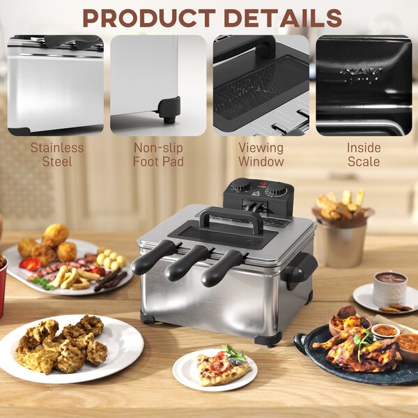 HOMCOM 5 Litre Deep Fat Fryer with Adjustable Temperature & Timer, 2000W Stainless Steel Deep Fryer with Removable Oil Basket and Viewing Window, for Chips Fried Chicken