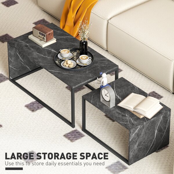 HOMCOM Coffee Tables Set of 2, Industrial Nest of Tables with Metal Frame for Living Room Bedroom, Dark Grey Marble Effect