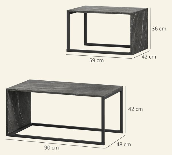 HOMCOM Coffee Tables Set of 2, Industrial Nest of Tables with Metal Frame for Living Room Bedroom, Dark Grey Marble Effect