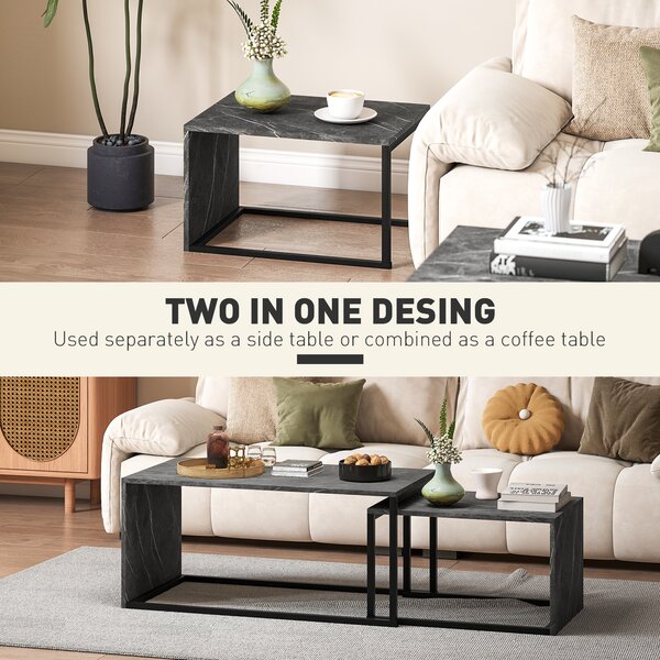 HOMCOM Coffee Tables Set of 2, Industrial Nest of Tables with Metal Frame for Living Room Bedroom, Dark Grey Marble Effect