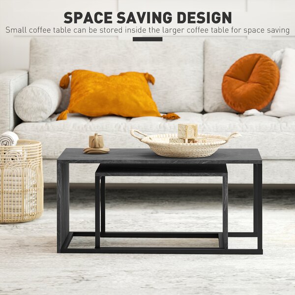 HOMCOM Coffee Tables Set of 2, Industrial Nest of Tables with Metal Frame for Living Room Bedroom, Dark Grey Marble Effect