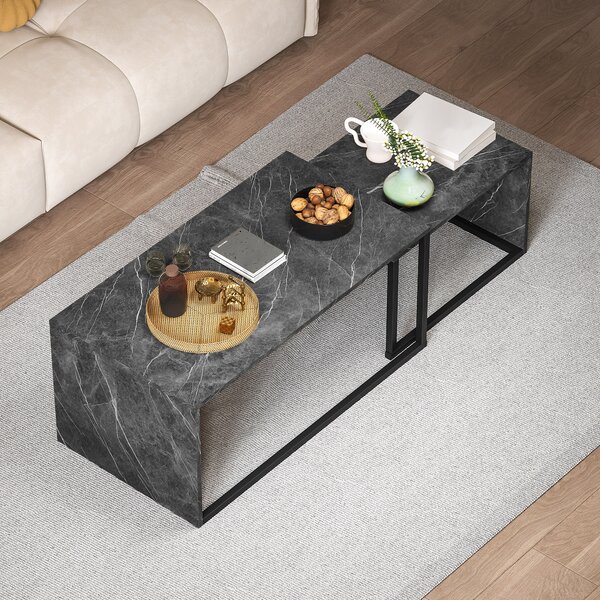 HOMCOM Coffee Tables Set of 2, Industrial Nest of Tables with Metal Frame for Living Room Bedroom, Dark Grey Marble Effect