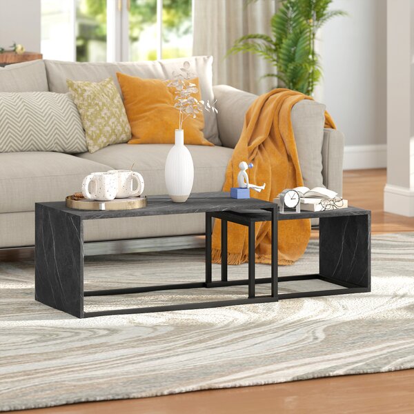 HOMCOM Coffee Tables Set of 2, Industrial Nest of Tables with Metal Frame for Living Room Bedroom, Dark Grey Marble Effect