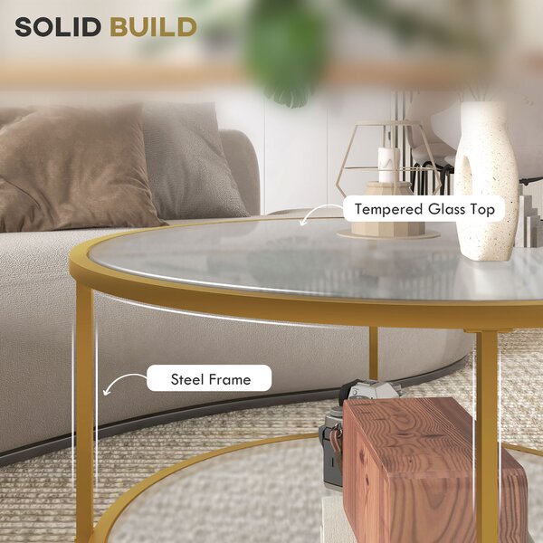 HOMCOM Round Coffee Table with Storage, 2-Tier Tempered Glass Coffee Table with Steel Frame for Living Room, Gold Tone