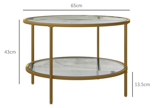 HOMCOM Round Coffee Table with Storage, 2-Tier Tempered Glass Coffee Table with Steel Frame for Living Room, Gold Tone