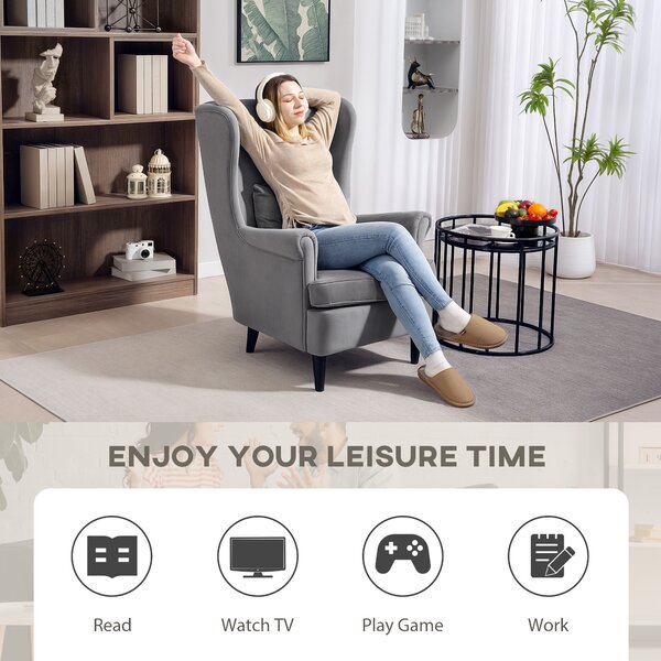 HOMCOM Velvet Armchair, Upholstered Wingback Armchair with High Backrest and Pillow, Fabric Reading Chair with Solid Wood Legs, Dark Grey Aosom UK