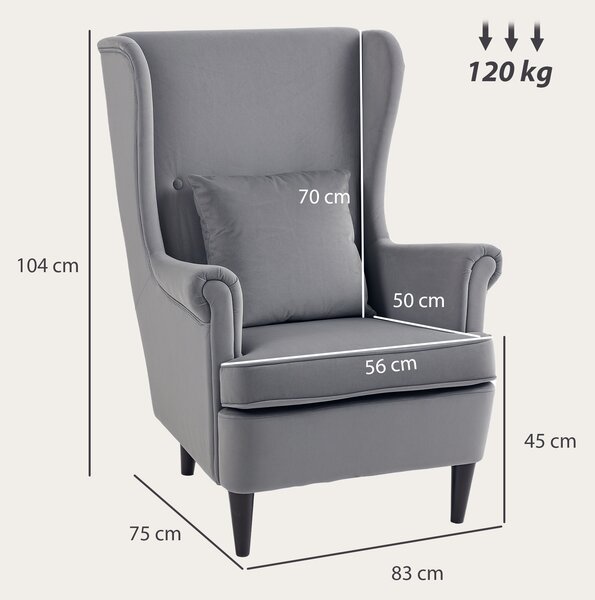 HOMCOM Velvet Armchair, Upholstered Wingback Armchair with High Backrest and Pillow, Fabric Reading Chair with Solid Wood Legs, Dark Grey Aosom UK