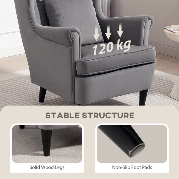 HOMCOM Velvet Armchair, Upholstered Wingback Armchair with High Backrest and Pillow, Fabric Reading Chair with Solid Wood Legs, Dark Grey Aosom UK