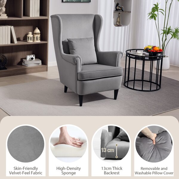 HOMCOM Velvet Armchair, Upholstered Wingback Armchair with High Backrest and Pillow, Fabric Reading Chair with Solid Wood Legs, Dark Grey Aosom UK