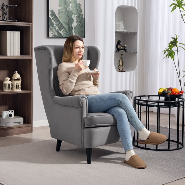 HOMCOM Velvet Armchair, Upholstered Wingback Armchair with High Backrest and Pillow, Fabric Reading Chair with Solid Wood Legs, Dark Grey Aosom UK
