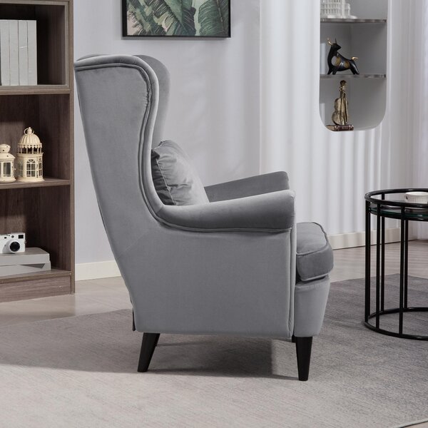 HOMCOM Velvet Armchair, Upholstered Wingback Armchair with High Backrest and Pillow, Fabric Reading Chair with Solid Wood Legs, Dark Grey Aosom UK
