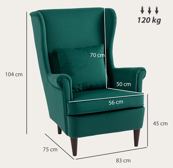 HOMCOM Modern Accent Chair, Upholstered Wingback Armchair with High Backrest and Pillow, Velvet-Feel Fabric Reading Chair with Solid Wood Legs for Living Room, Bedroom, Home Office, Dark Green