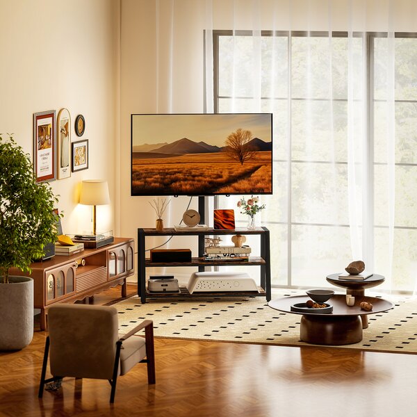 HOMCOM TV Stand Cabinet with Swivel Bracket for 32 - 65 Inch TVs, Industrial TV Cabinet with Open Shelves, Cable Management, Trapezoid-Shaped Steel Frame for Living Room, Bedroom, Rustic Brown