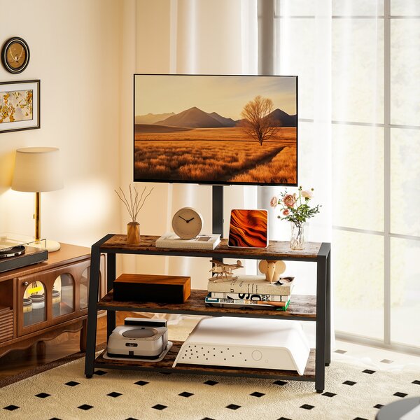 HOMCOM TV Stand Cabinet with Swivel Bracket for 32 - 65 Inch TVs, Industrial TV Cabinet with Open Shelves, Cable Management, Trapezoid-Shaped Steel Frame for Living Room, Bedroom, Rustic Brown