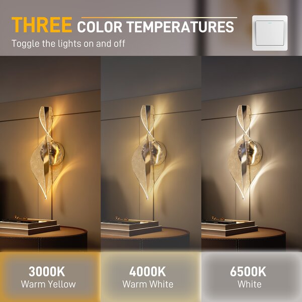 HOMCOM Led Wall Lamp 2 Pack, 13W Modern Indoor Spiral Wall Light, Colour Temperature Adjustable 3000K/4000K/6500K, for Bedroom, Living Room, Hallway, Stairs, Silver Tone