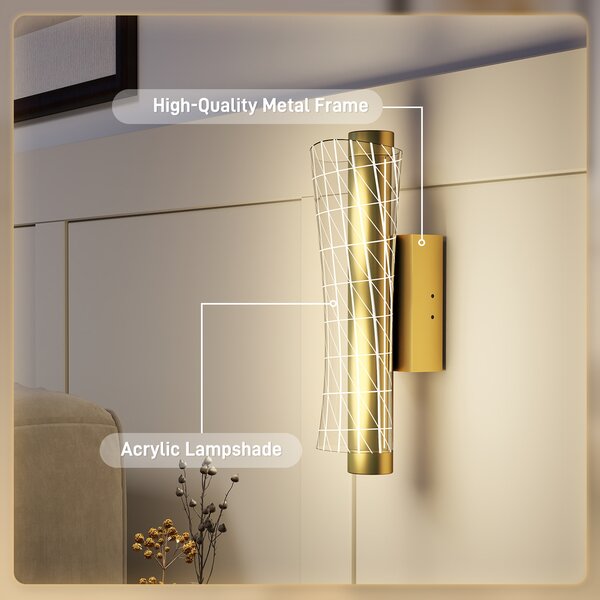 HOMCOM Led Wall Lamp 2 Pack, 9W Modern Indoor Geometric Mesh Wall Light, Colour Temperature Adjustable 3000K/4000K/6500K for Bedroom, Living Room, Hallway, Stairs, Gold Tone