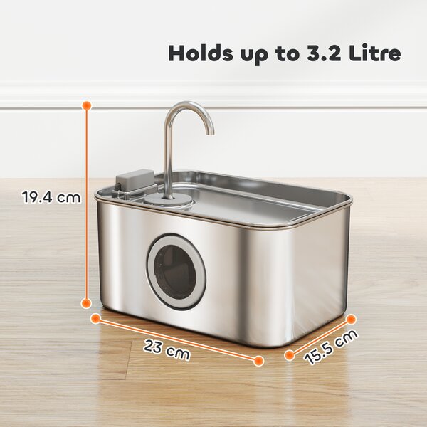 PawHut 3.2L Cat Water Fountain for Drinking, Cat Fountain Stainless Steel with Visible Water-Level Window, Ultra-Silent Pump