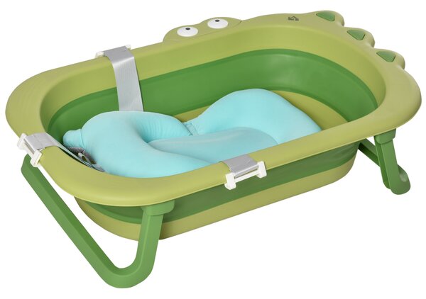 HOMCOM Foldable Baby Bath Tub, Ergonomic, Secure, Non-Slip, Portable with Infant Cushion, for 0-3 Years, Green Aosom UK