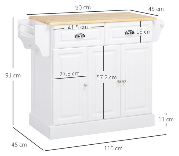 HOMCOM Kitchen Island with Storage Rolling Kitchen Serving Cart with Rubber Wood Top Towel Rack Storage Drawer Cabinet White