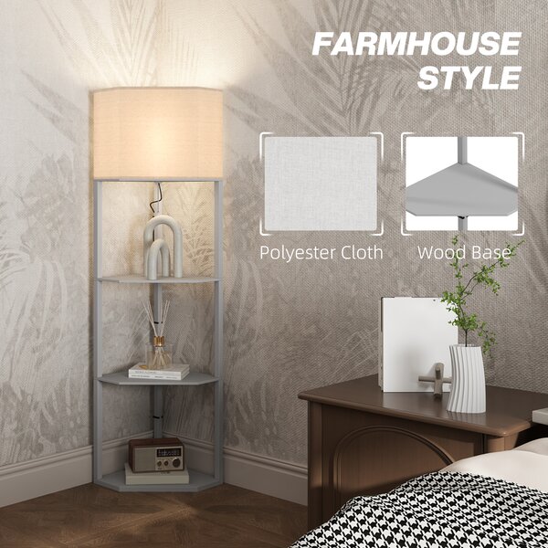 HOMCOM Corner Floor Lamp with Shelves, Tall Standing Lamps for Living Room, with Pull Chain Switch Bulb not Included, Grey Aosom UK