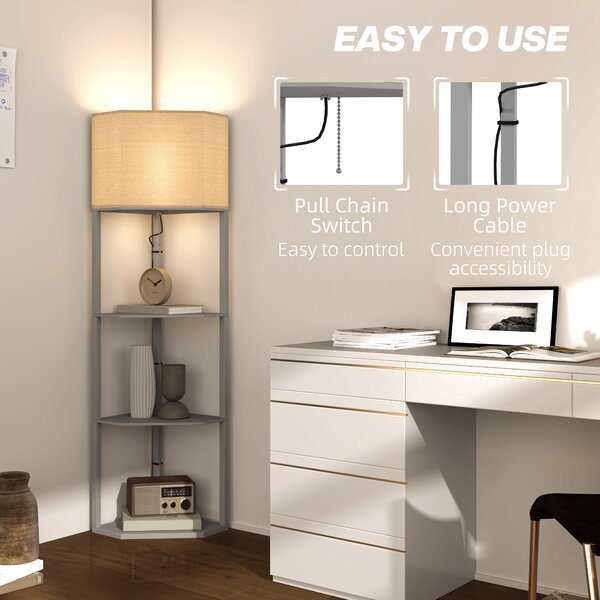 HOMCOM Corner Floor Lamp with Shelves, Tall Standing Lamps for Living Room, with Pull Chain Switch Bulb not Included, Grey Aosom UK