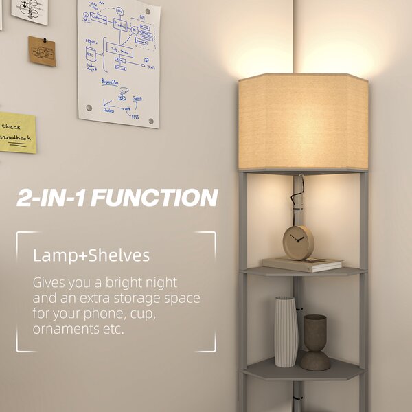 HOMCOM Corner Floor Lamp with Shelves, Tall Standing Lamps for Living Room, with Pull Chain Switch Bulb not Included, Grey Aosom UK