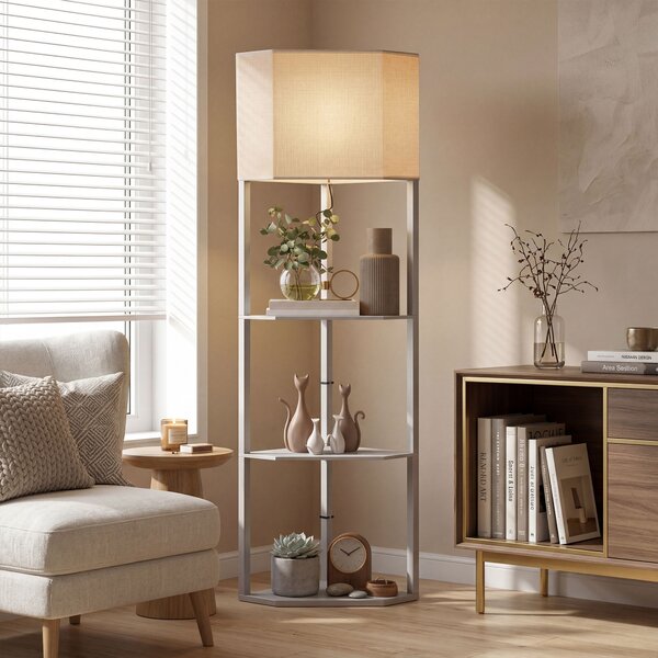 HOMCOM Corner Floor Lamp with Shelves, Tall Standing Lamps for Living Room, with Pull Chain Switch Bulb not Included, Grey Aosom UK