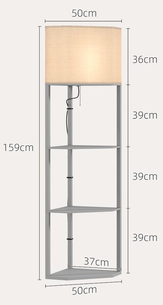 HOMCOM Corner Floor Lamp with Shelves, Tall Standing Lamps for Living Room, with Pull Chain Switch Bulb not Included, Grey Aosom UK