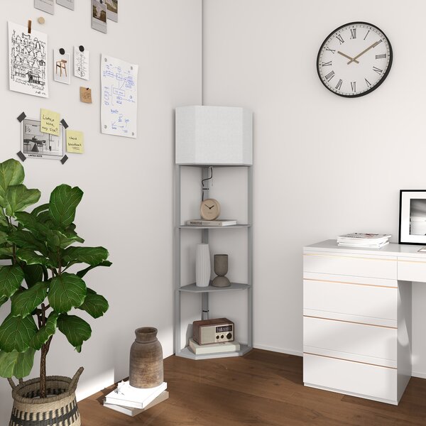 HOMCOM Corner Floor Lamp with Shelves, Tall Standing Lamps for Living Room, with Pull Chain Switch Bulb not Included, Grey Aosom UK