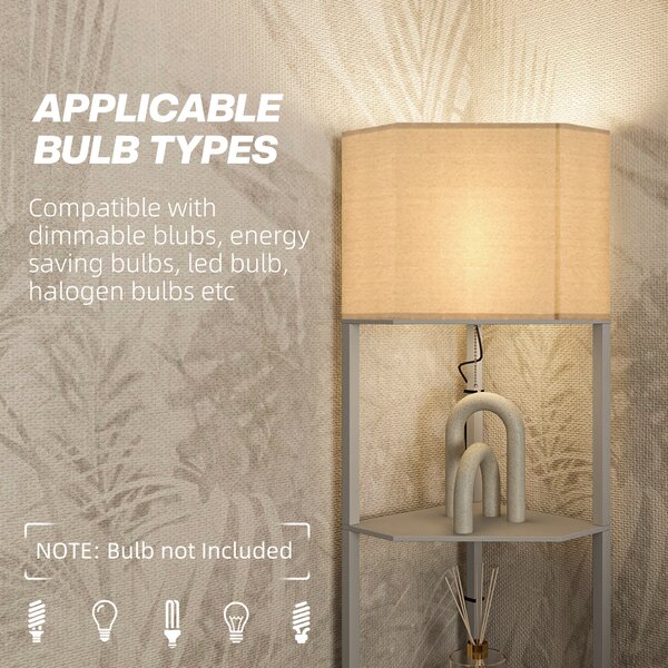 HOMCOM Corner Floor Lamp with Shelves, Tall Standing Lamps for Living Room, with Pull Chain Switch Bulb not Included, Grey Aosom UK