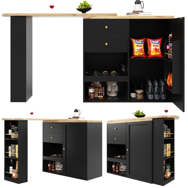 360° Swivelling Bar Table with Multi-Tiered Side Shelves, 2 Drawers, Storage Cabinet for Study, Living Room, 193L x 39W x 104H cm, Black Aosom.UK