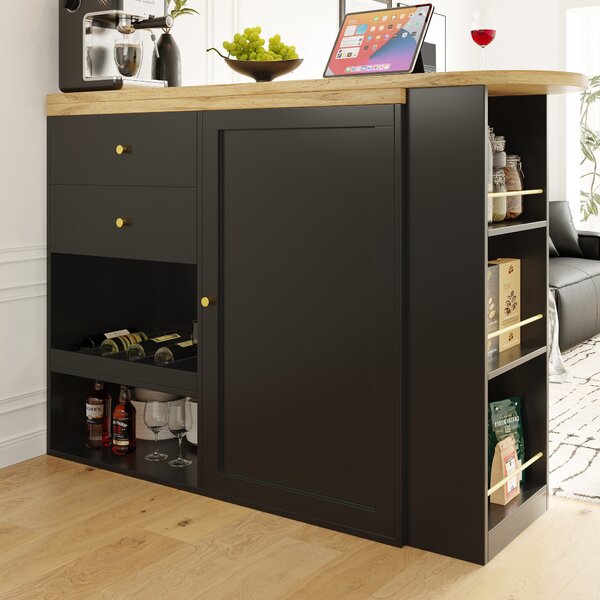 360° Swivelling Bar Table with Multi-Tiered Side Shelves, 2 Drawers, Storage Cabinet for Study, Living Room, 193L x 39W x 104H cm, Black Aosom.UK
